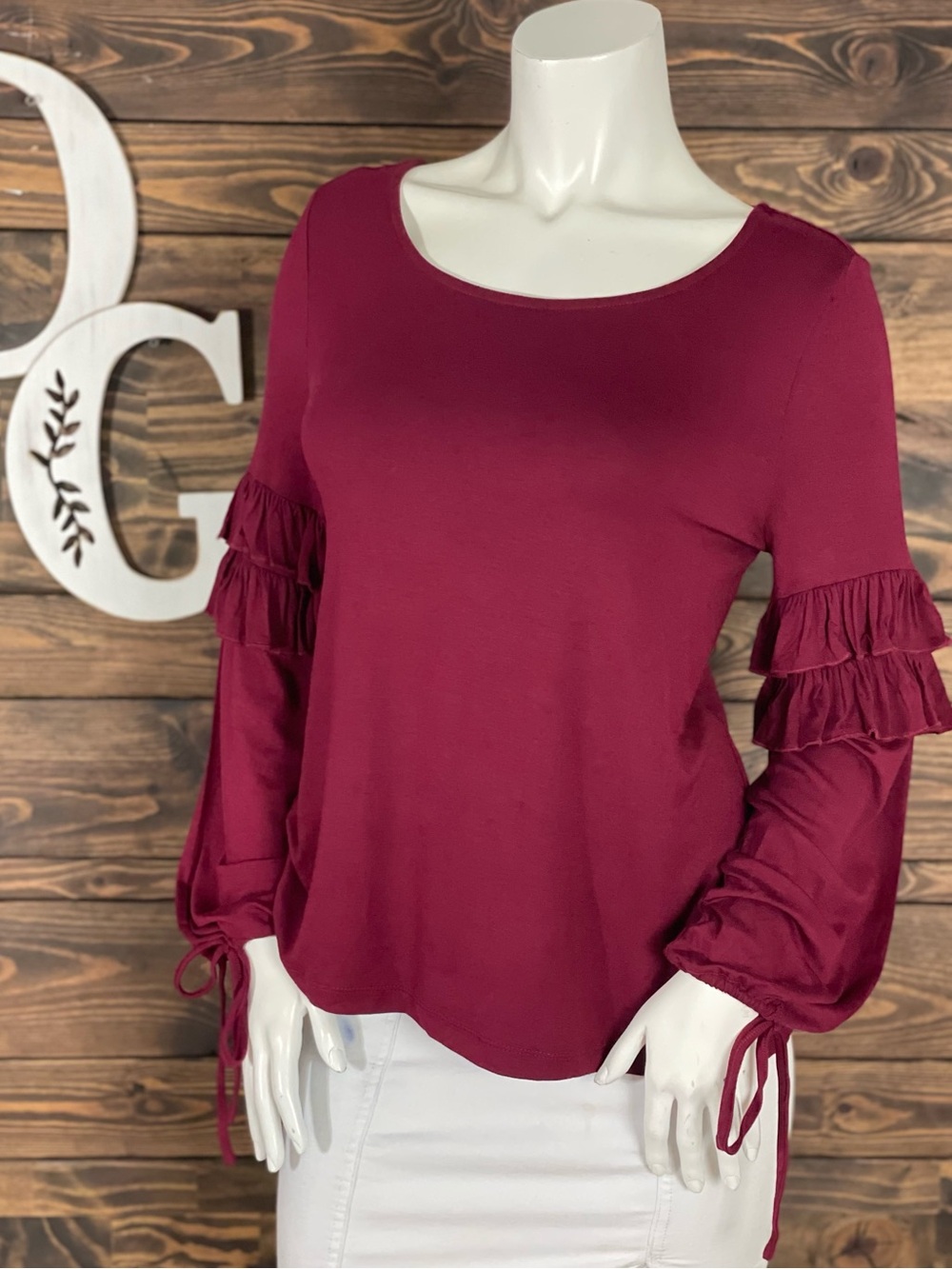 Liz Claiborne Tier Ruffle Sleeve Scoop Neck Pheasant Top Bow Tie Balloon Sleeves